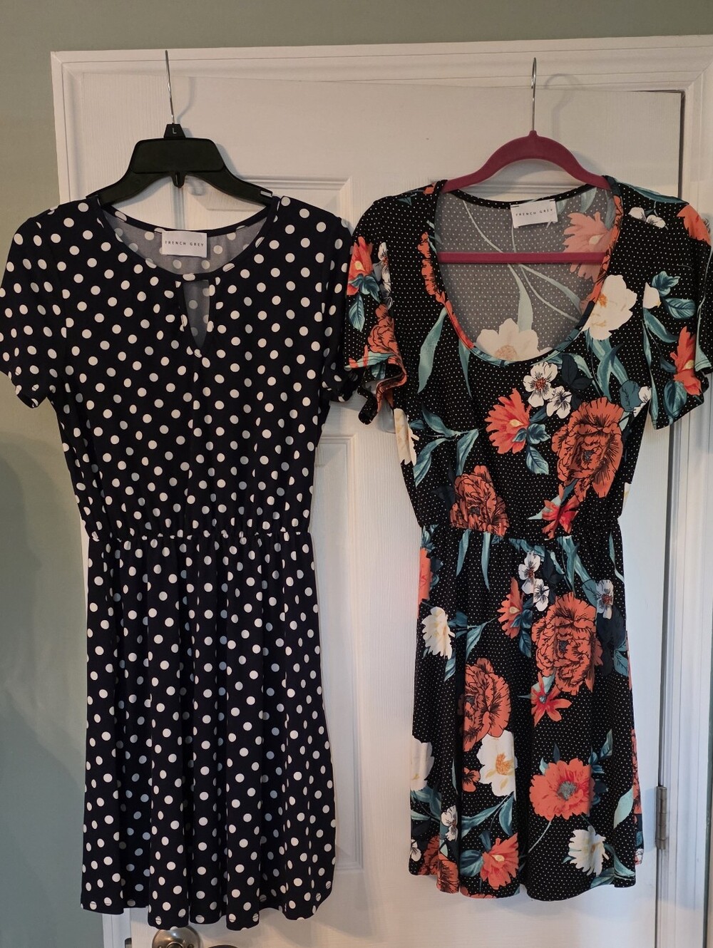 Bundle of 2 French Grey Dresses Navy Polka Dot & Vibrant Floral Short Sleeve M